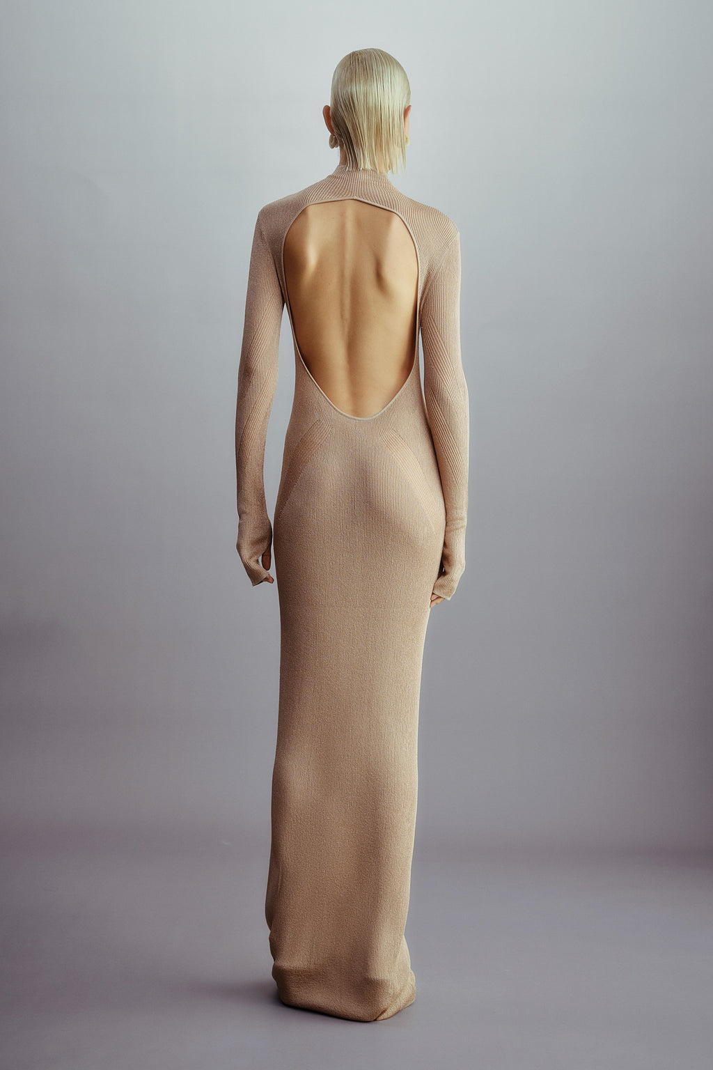 TEXTURED OPENBACK METALLIC KNITTED DRESS CORAL