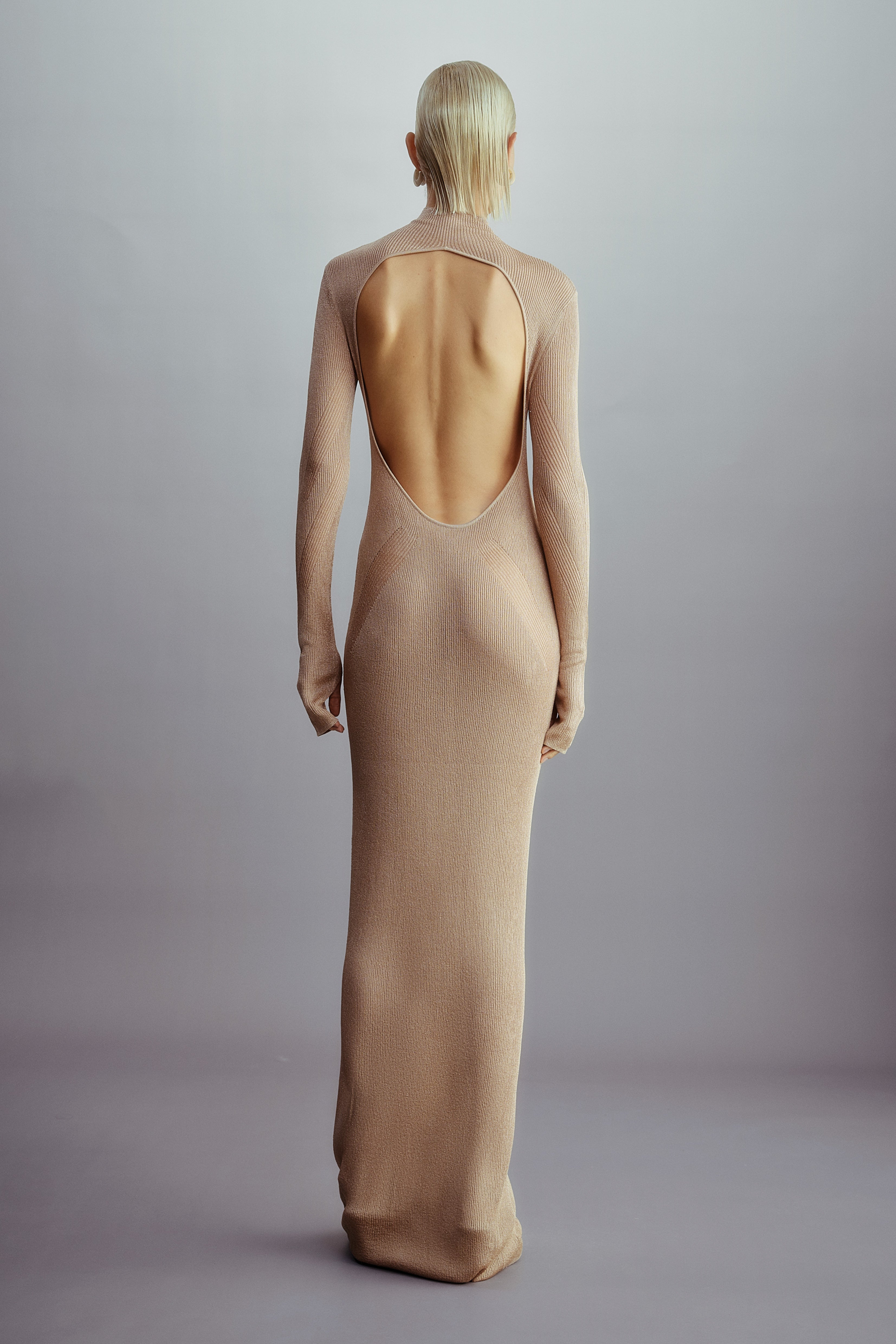 TEXTURED OPENBACK METALLIC KNITTED DRESS CORAL