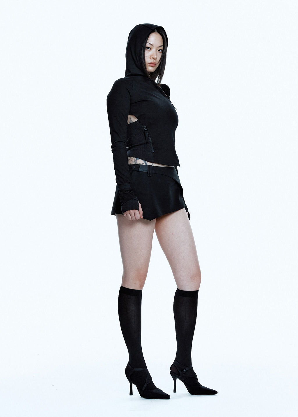 HOODED ASYMMETRIC ZIP TOP BLACK