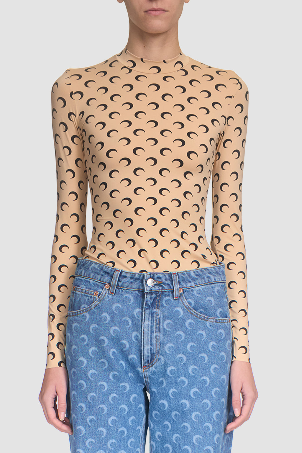 MOON PRINTED JERSEY LS HIGHNECK TOP TAN