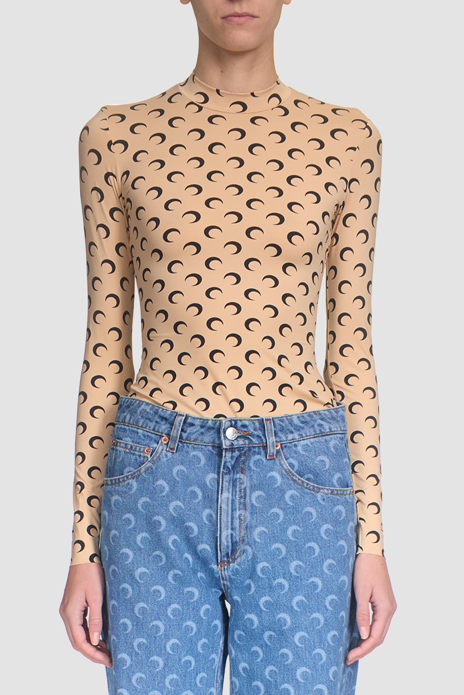 MOON PRINTED JERSEY LS HIGHNECK TOP TAN