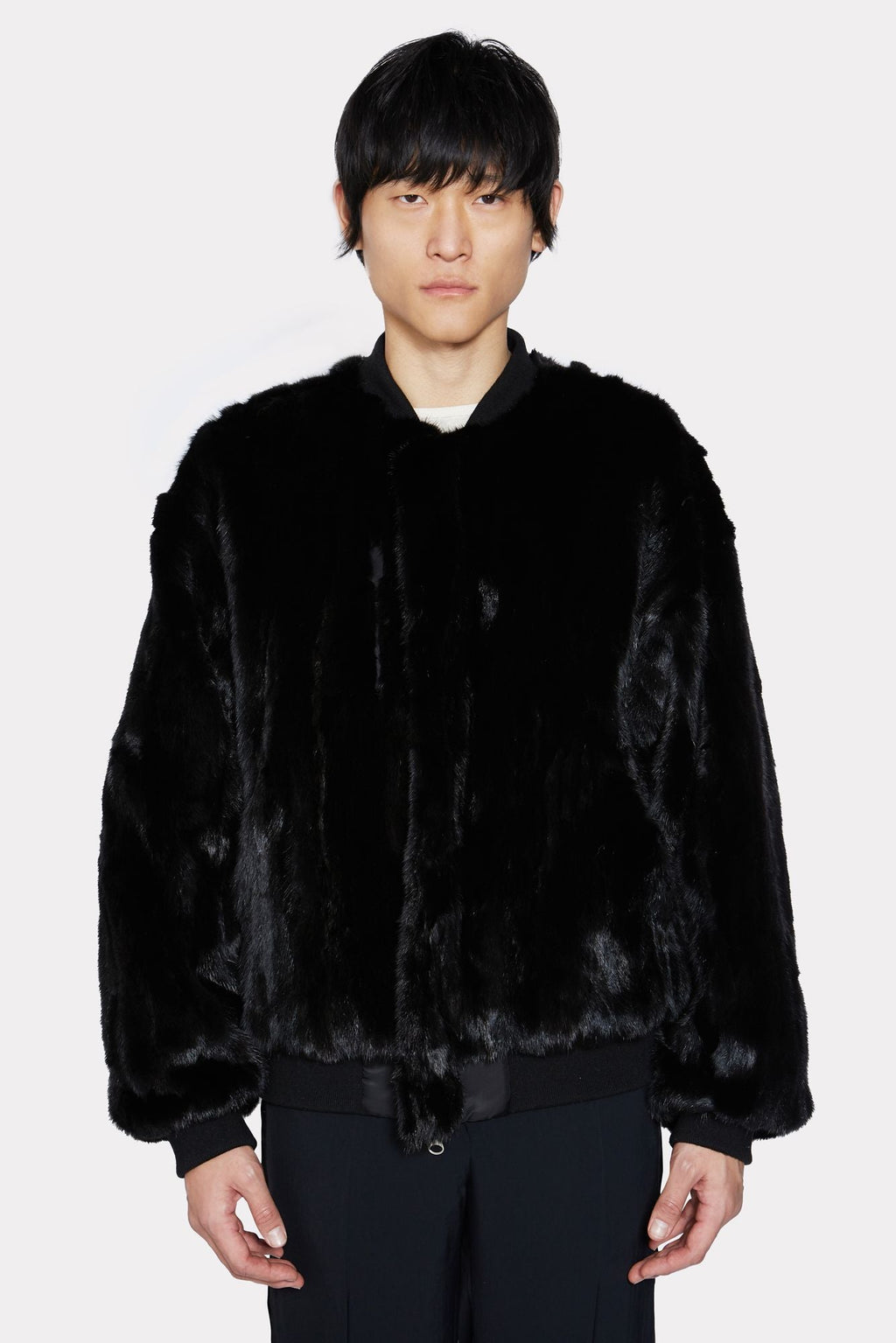 BLACK UNISEX REVERSIBLE MINK FUR BOMBER W/ LOGO