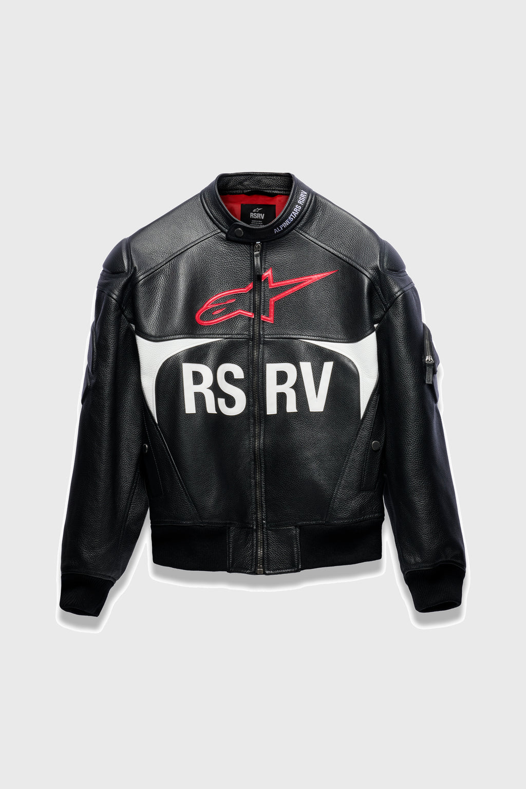 THE CHIEF BOMBER LEATHER JACKET BLACK WHITE RED