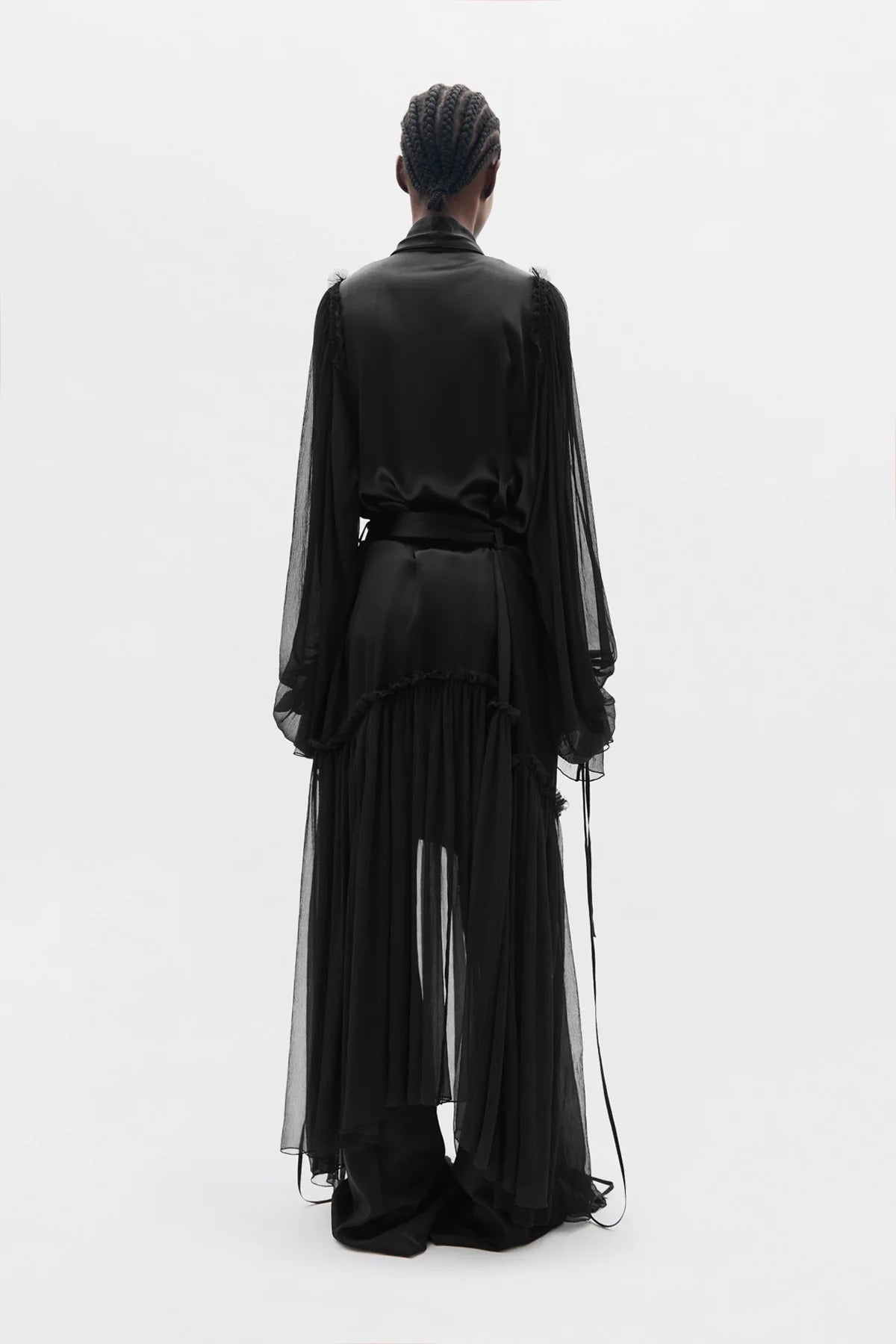 IRIA FLUID ROBE WITH SILK VOILE CREPONNE RUFFLE CONTRAST BLACK