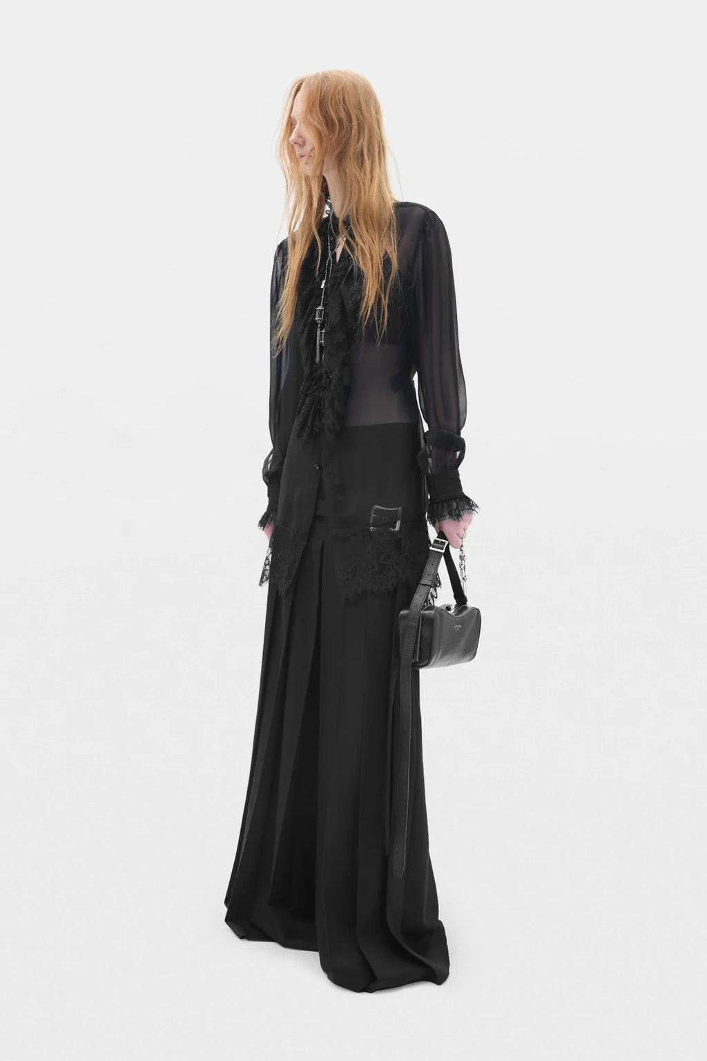 BARAH LONG COMFORT SHIRT WITH LACE RUFFLES BLACK