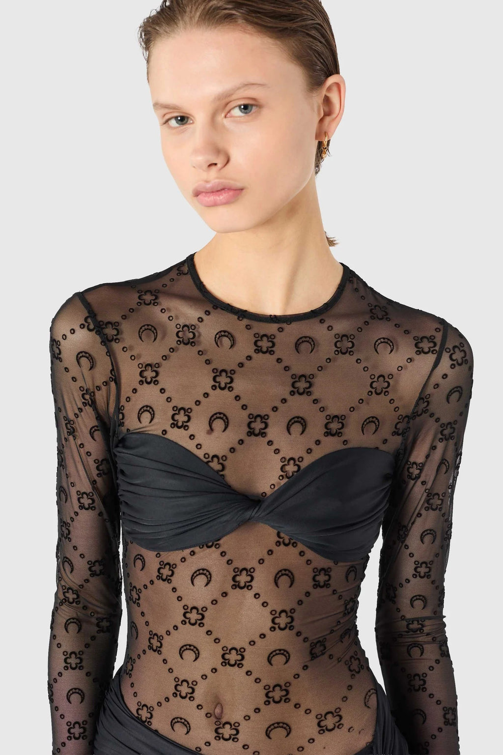 MOONOGRAM MESH FLOCK MINI DRESS BLACK