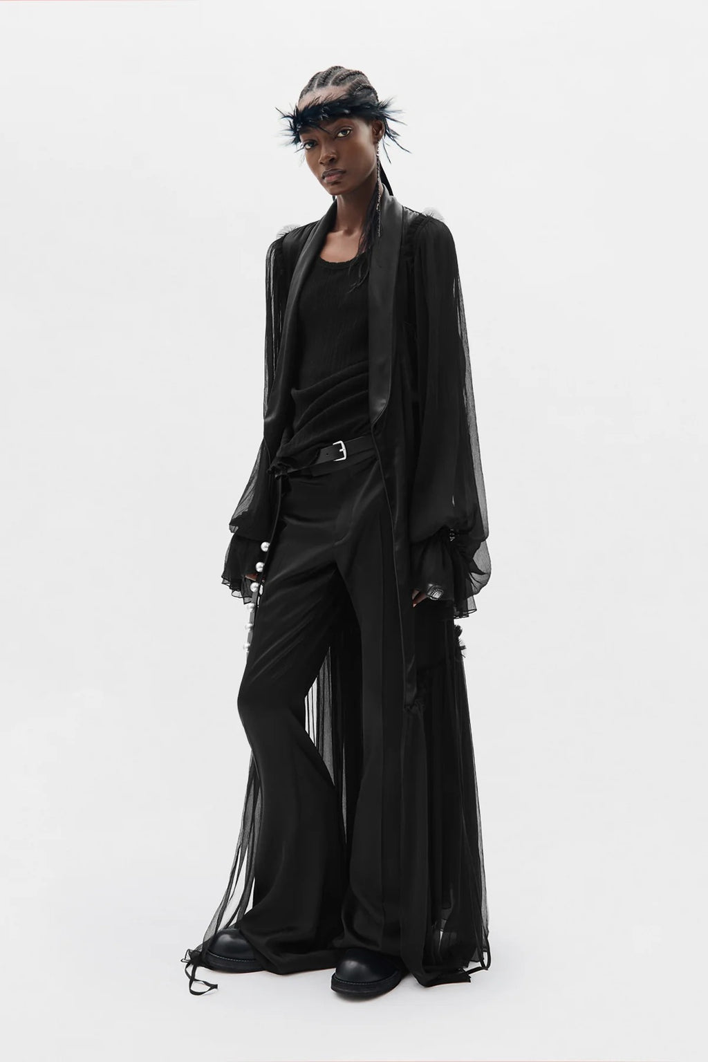 IRIA FLUID ROBE WITH SILK VOILE CREPONNE RUFFLE CONTRAST BLACK
