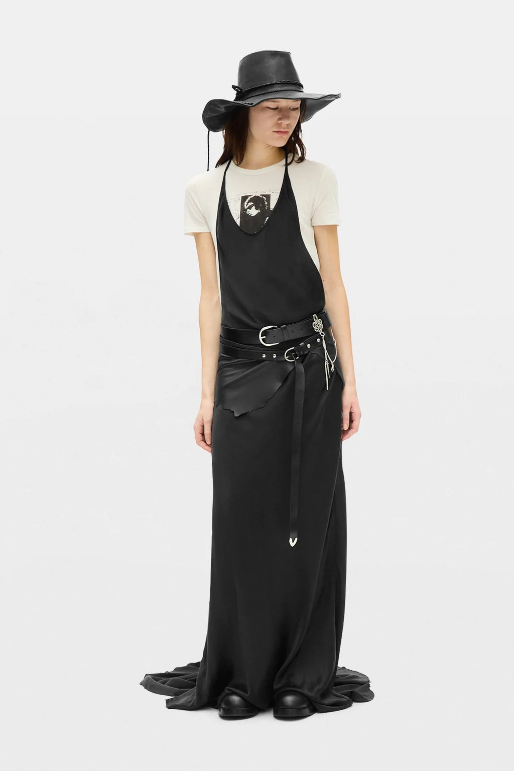 ELEONOR X-LONG Y-STRAP SLIP DRESS BLACK SATIN