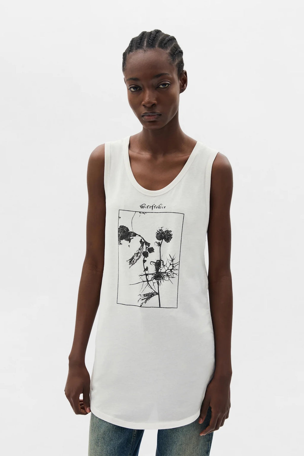MEXI WRINKLED CROPPED TANK TOP WITH "WILDFLOWER" PRINT IVORY