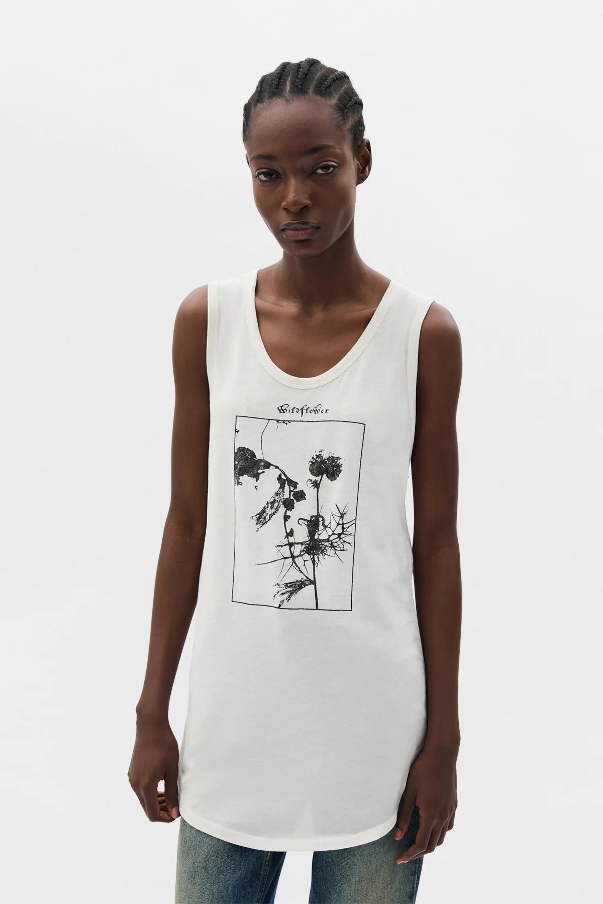 MEXI WRINKLED CROPPED TANK TOP WITH "WILDFLOWER" PRINT IVORY