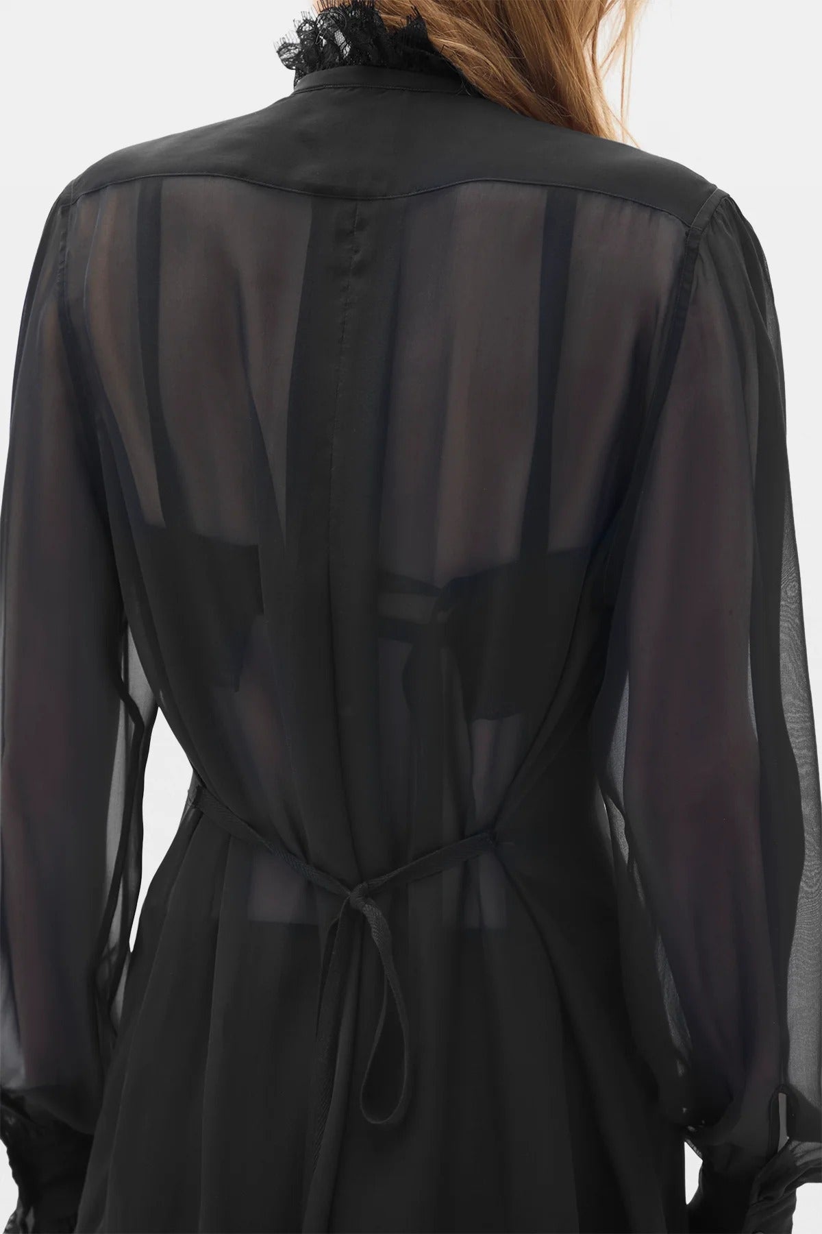 BARAH LONG COMFORT SHIRT WITH LACE RUFFLES BLACK