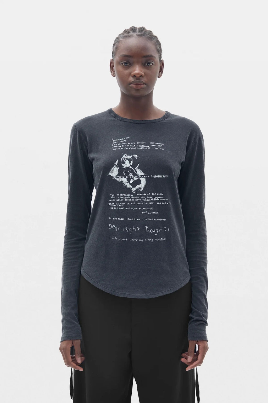 DOT CROPPED LONG SLEEVES TOP "DEAR DIARY" FADED BLACK