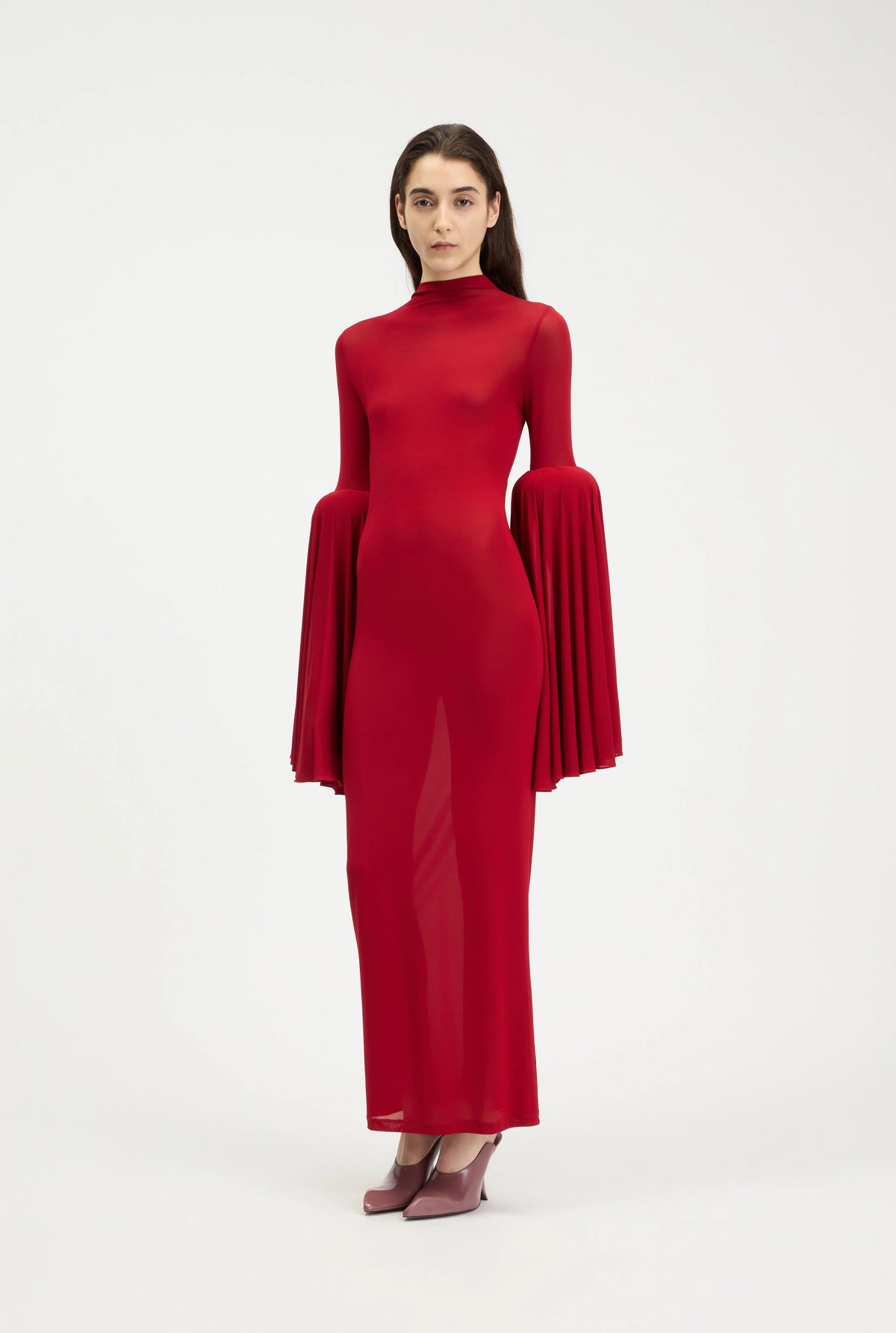 STRETCH VISCOSE LONG DRESS WITH GATHERING BURGUNDY