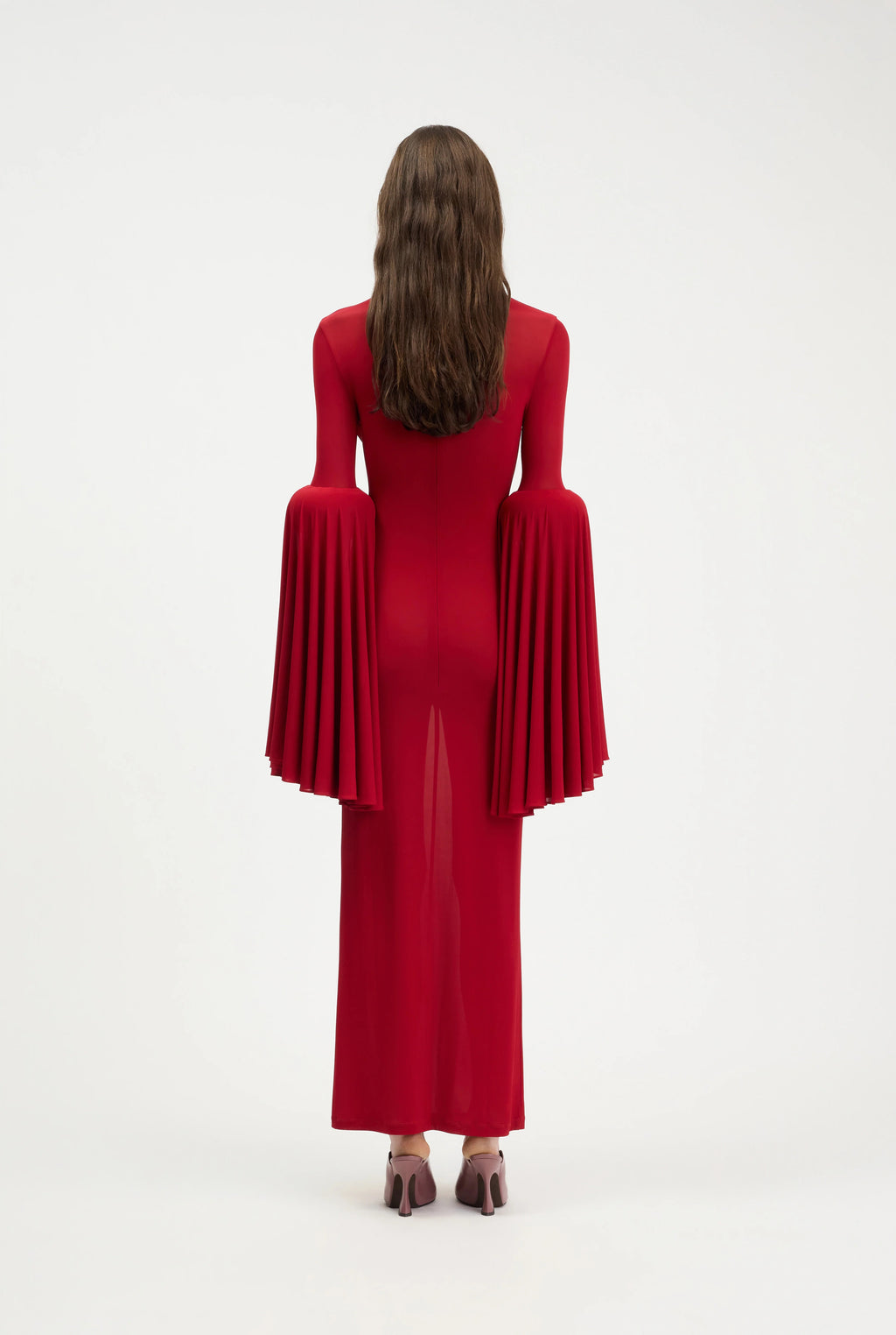 STRETCH VISCOSE LONG DRESS WITH GATHERING BURGUNDY