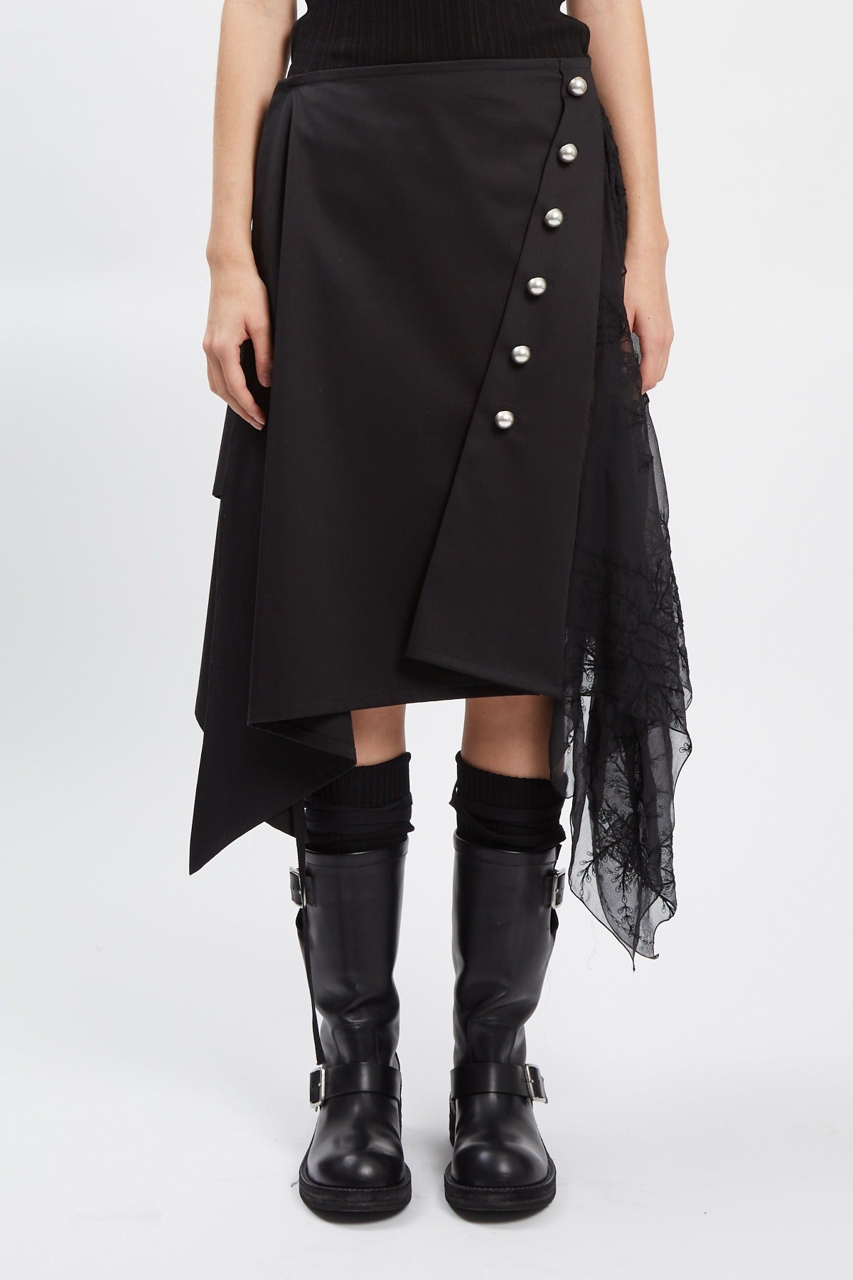 ILMA WRAP SKIRT WITH EMBROIDERD SILK CREPONNE PANELS BLACK