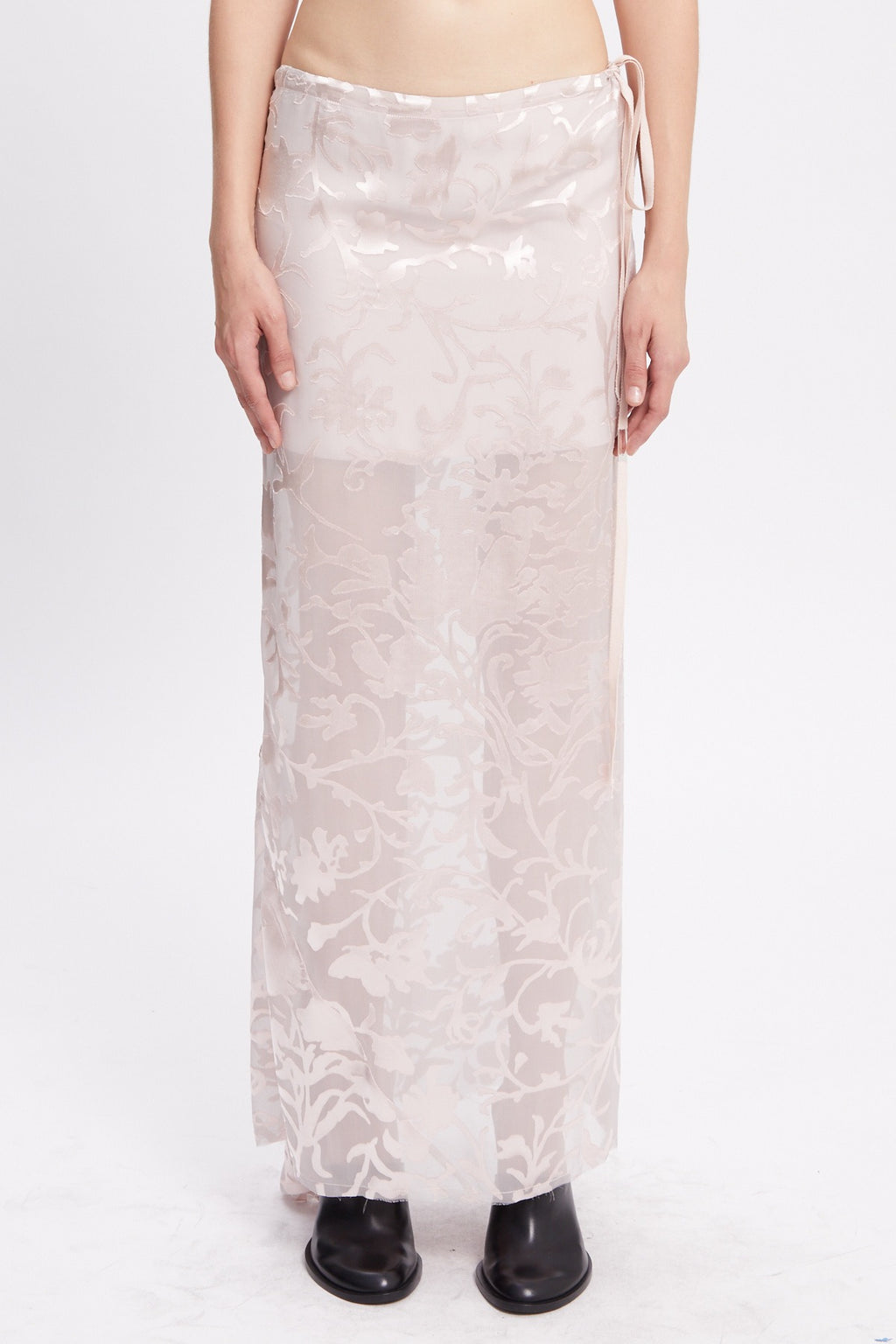 EVELINE LONG BIAS SKIRT DÉVORÉ RAMAGE SATIN PALE ROSE