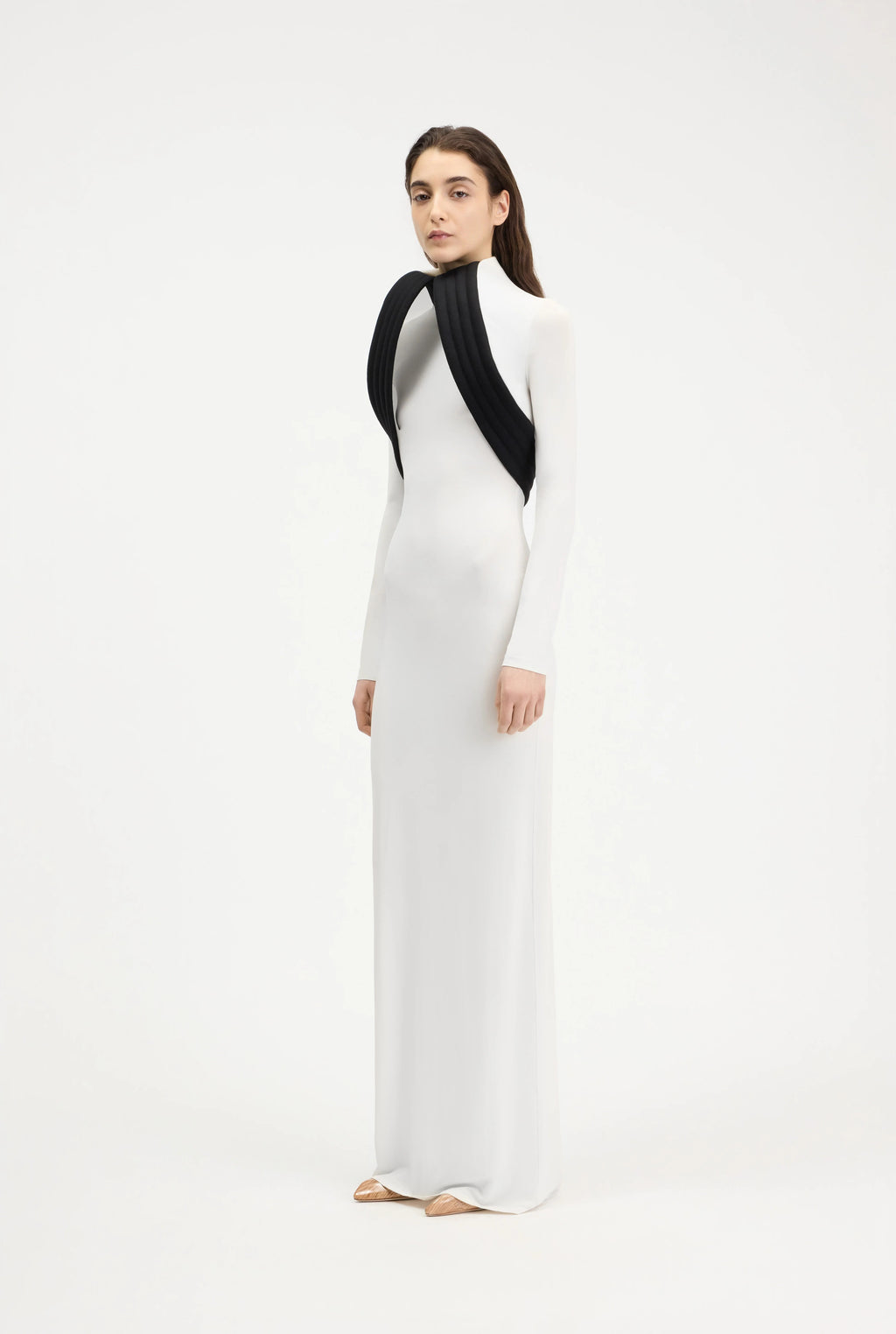 MIXED WOOL AND CREPE JERSEY SCULPTED DRESS VANILLA/BLACK