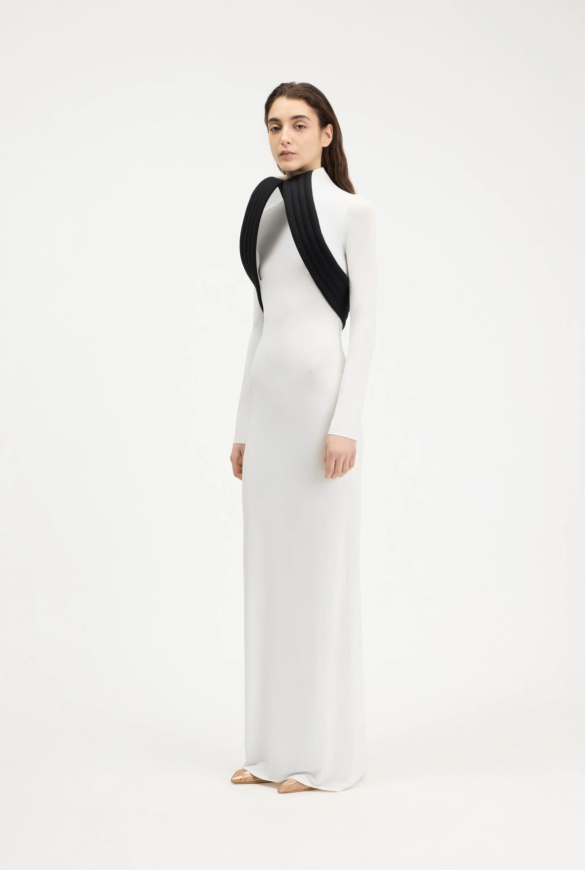 MIXED WOOL AND CREPE JERSEY SCULPTED DRESS VANILLA/BLACK