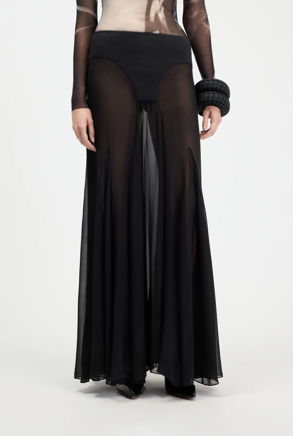BI MATERIAL LONG SKIRT IN JERSEY AND MUSLIN BLACK