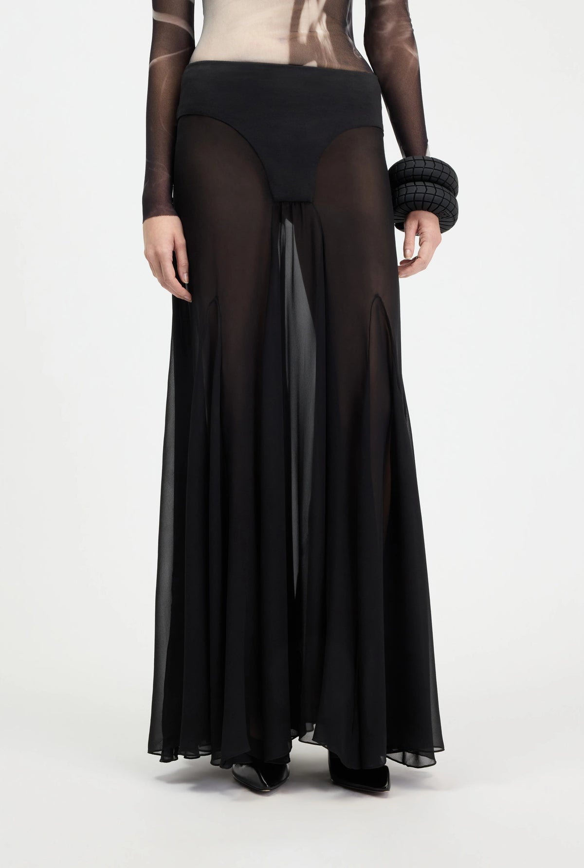 BI MATERIAL LONG SKIRT IN JERSEY AND MUSLIN BLACK