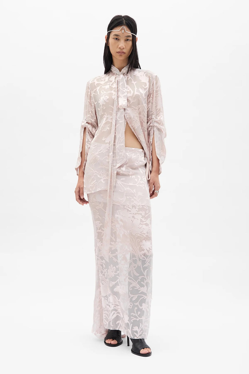 EVELINE LONG BIAS SKIRT DÉVORÉ RAMAGE SATIN PALE ROSE