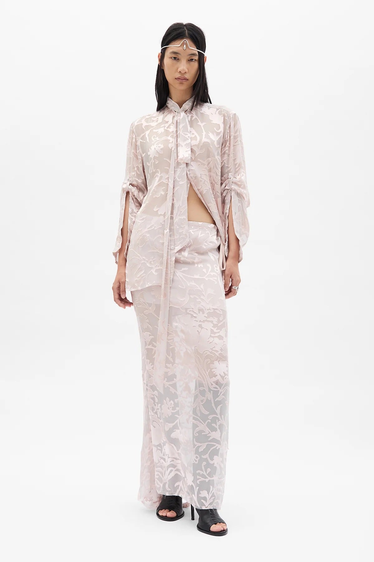 EVELINE LONG BIAS SKIRT DÉVORÉ RAMAGE SATIN PALE ROSE