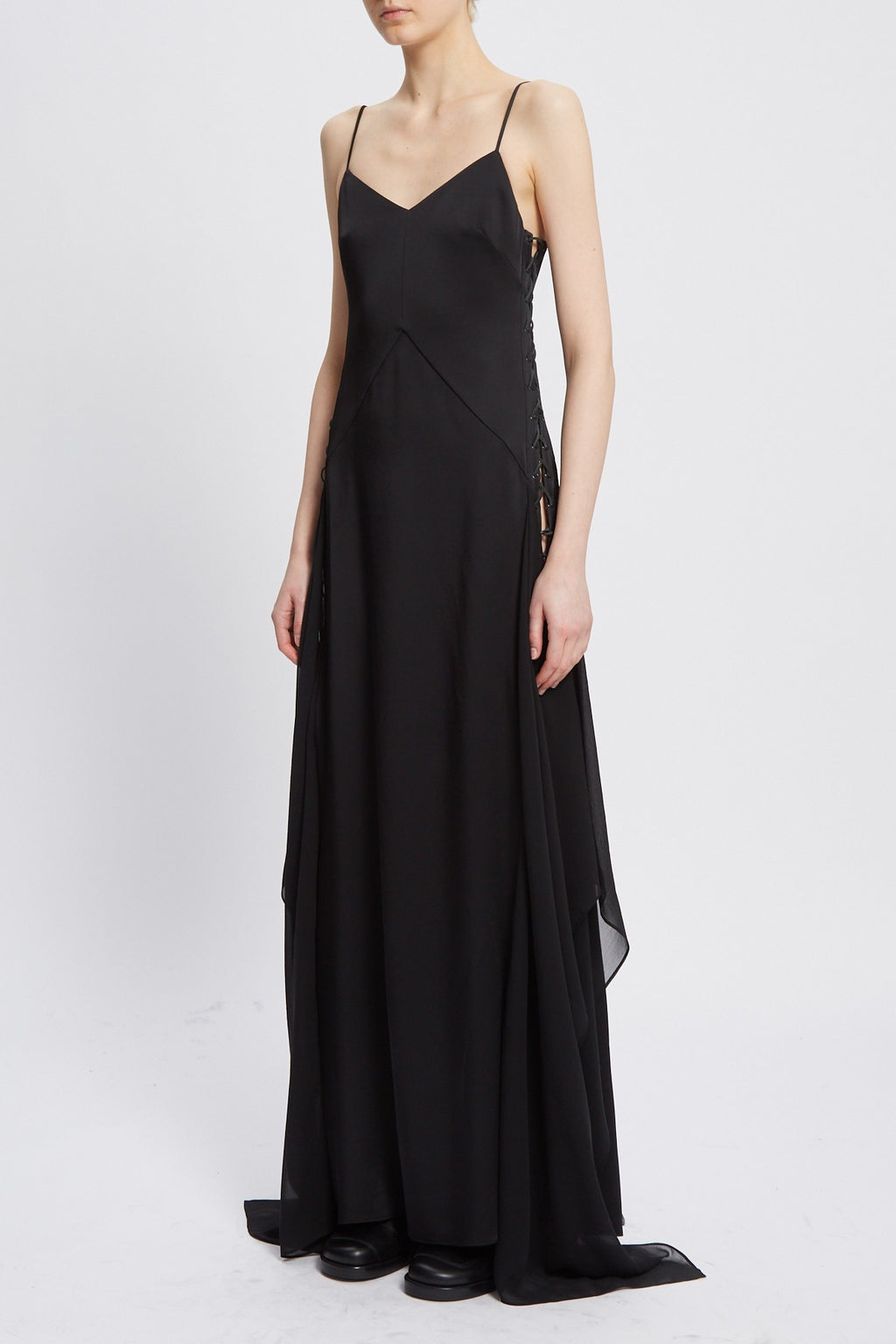 OTTILIE LONG DRESS WITH LACED UP DETAIL BLACK