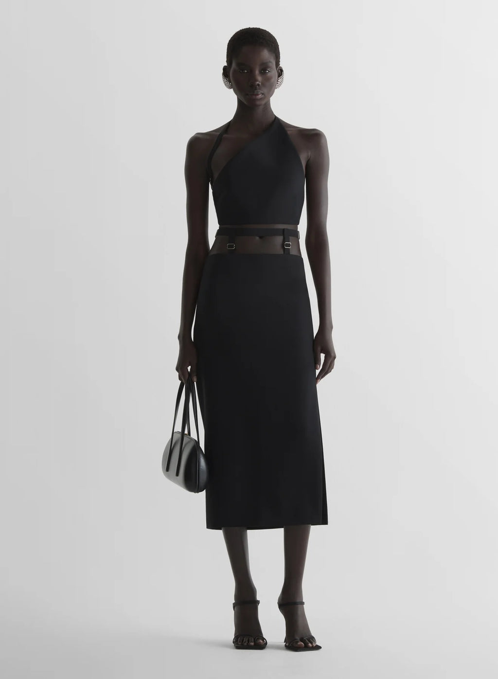 BELTED SLIT TAILORED SKIRT BLACK