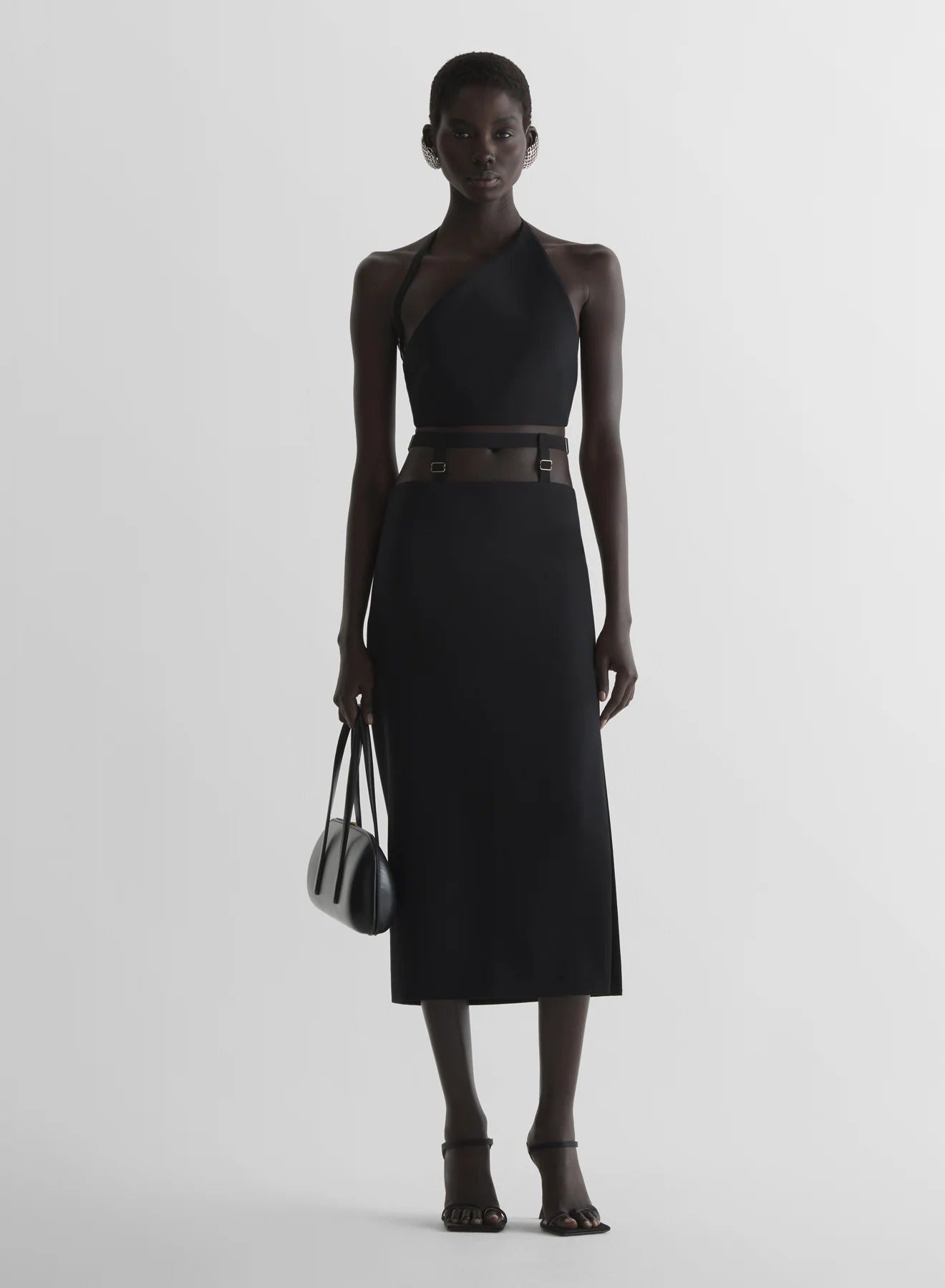 BELTED SLIT TAILORED SKIRT BLACK