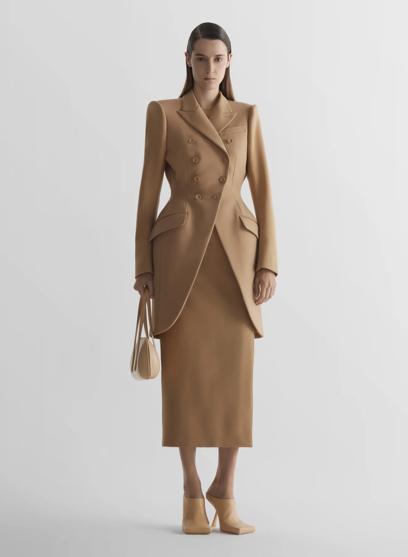 HOURGLASS DOUBLE BREASTED LONG JACKET BEIGE