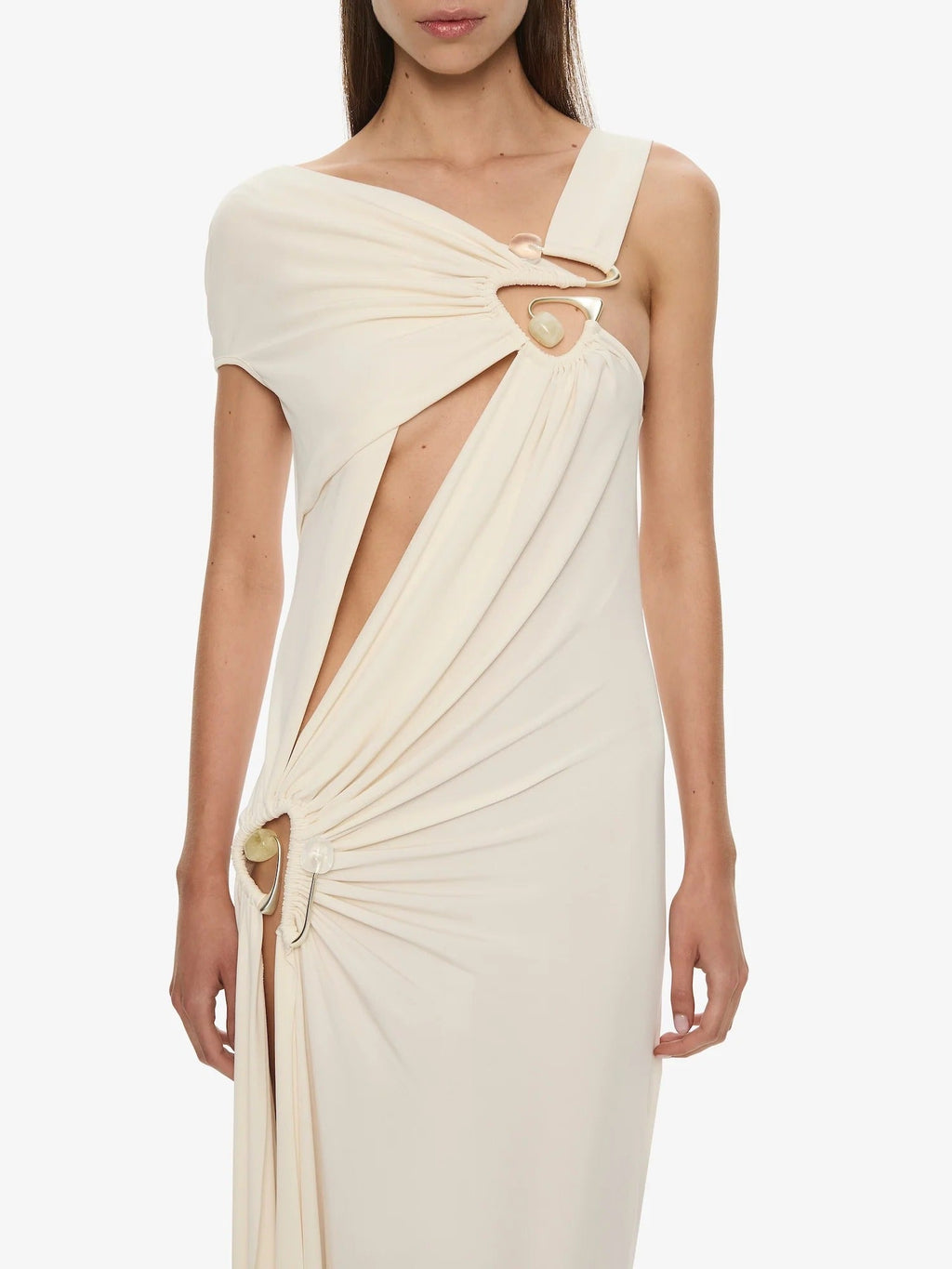 VEER SPIRAL CRYSTAL DRAPED JERSEY DRESS MILK