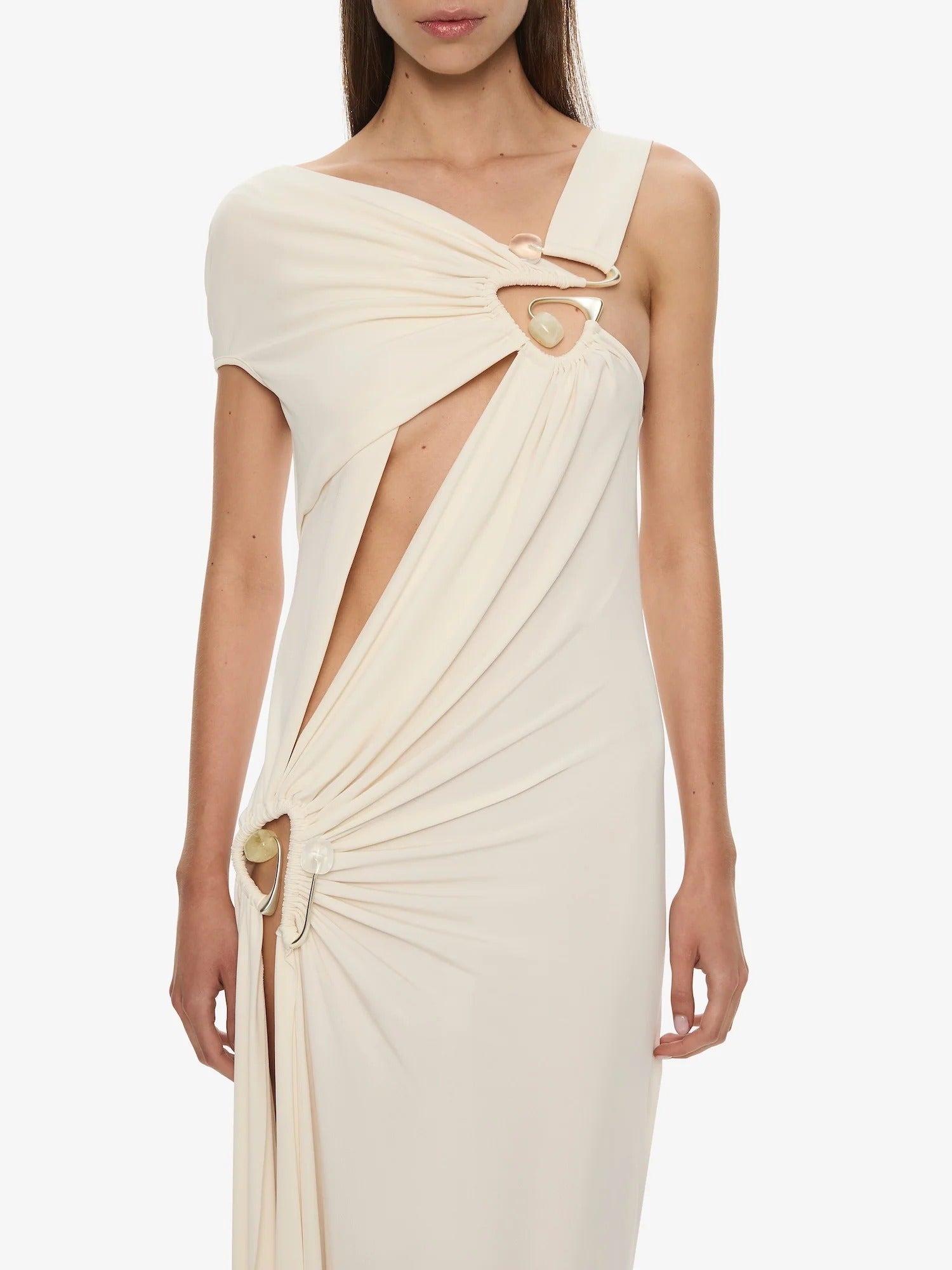 VEER SPIRAL CRYSTAL DRAPED JERSEY DRESS MILK