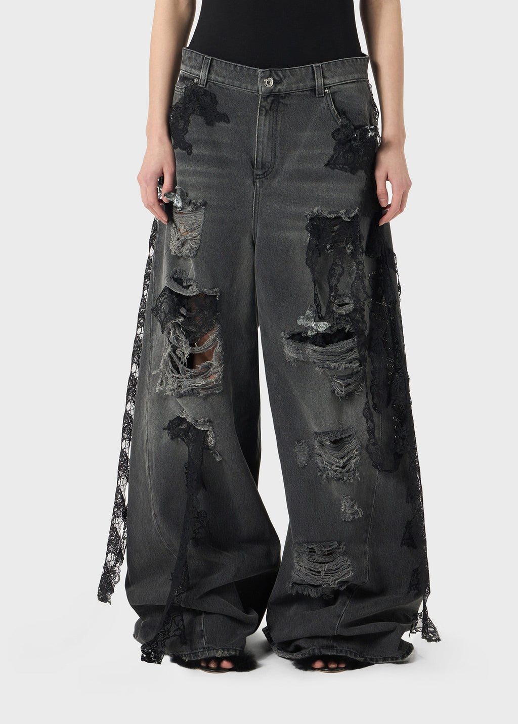 DESTROYED EXTRA BAGGY JEANS WITH LACE TRIM GREY GUNMETAL