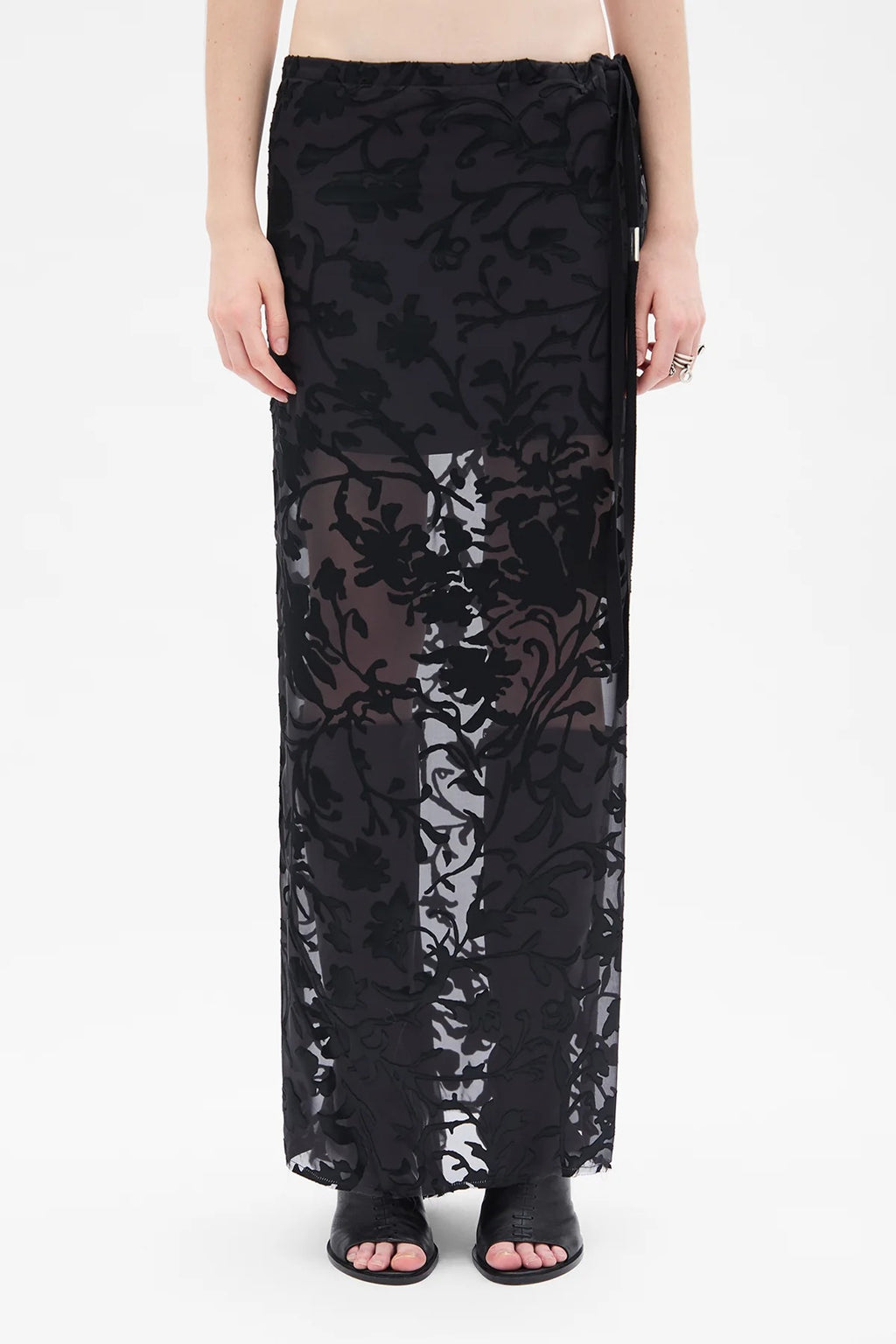 EVELINE LONG BIAS SKIRT DÉVORÉ RAMAGE SATIN BLACK