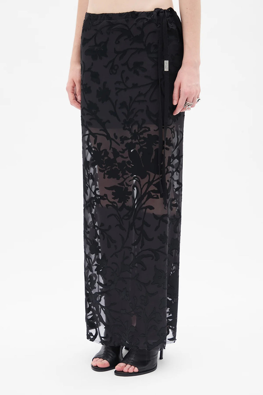 EVELINE LONG BIAS SKIRT DÉVORÉ RAMAGE SATIN BLACK