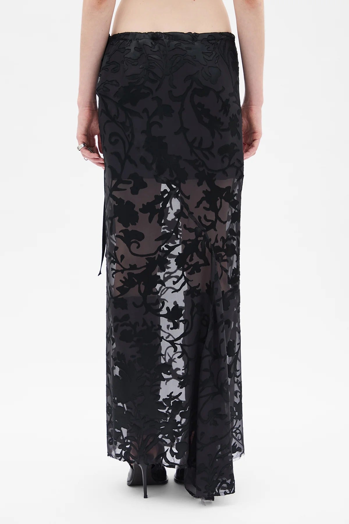 EVELINE LONG BIAS SKIRT DÉVORÉ RAMAGE SATIN BLACK