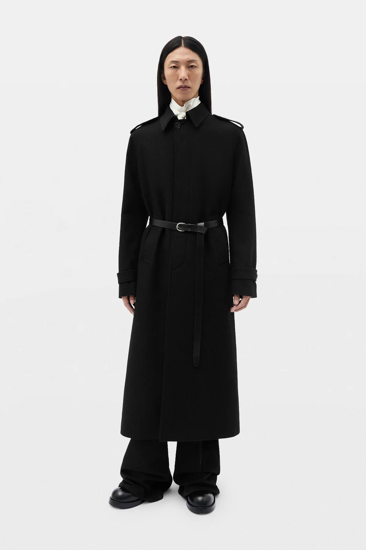 WILMER CAR COAT WITH LEATHER BELT BLACK