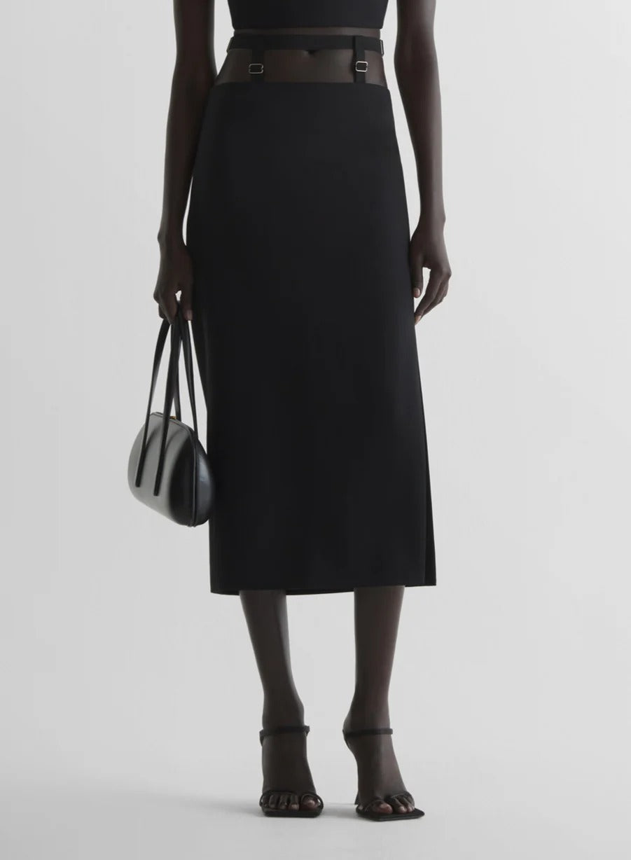 BELTED SLIT TAILORED SKIRT BLACK