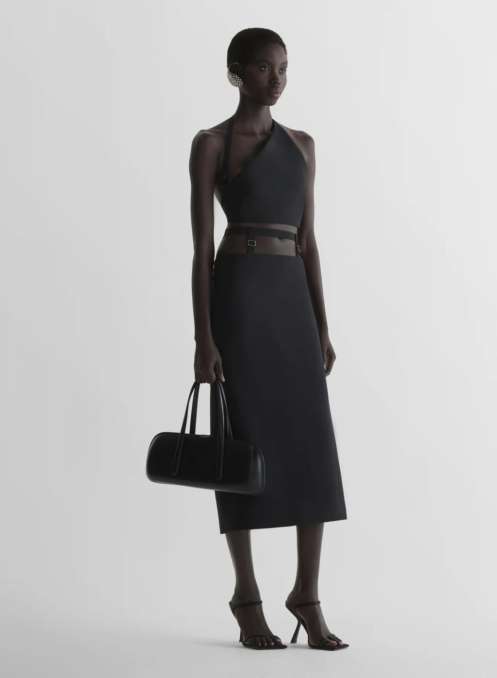 BELTED SLIT TAILORED SKIRT BLACK