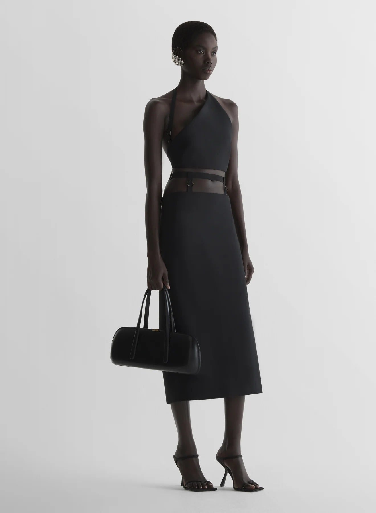 BELTED SLIT TAILORED SKIRT BLACK