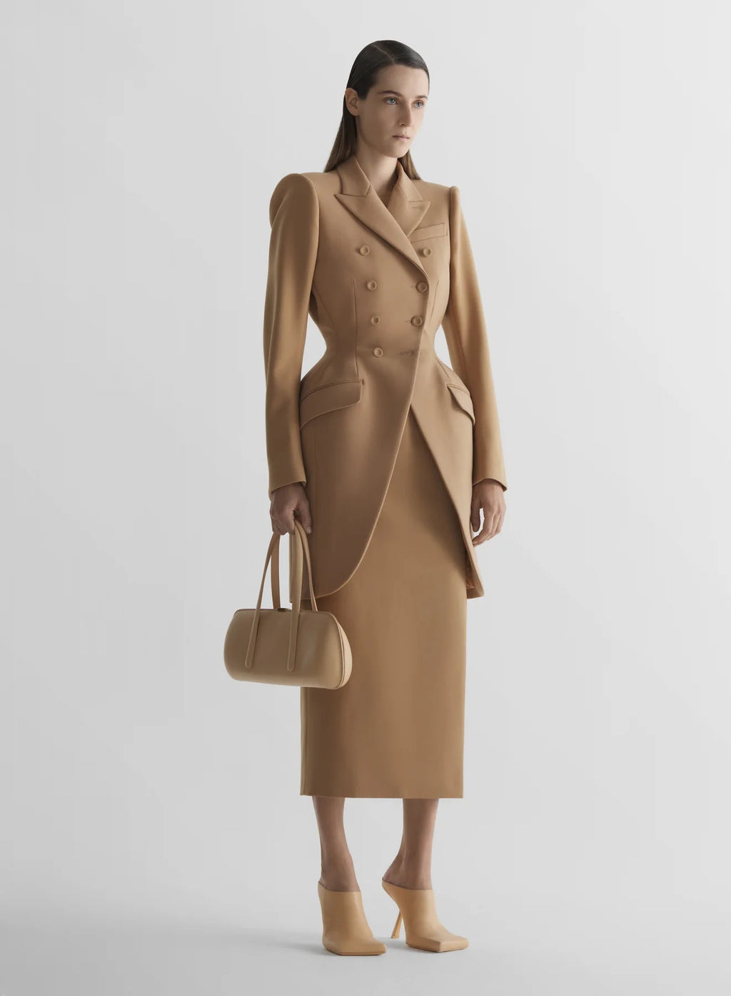 HOURGLASS DOUBLE BREASTED LONG JACKET BEIGE