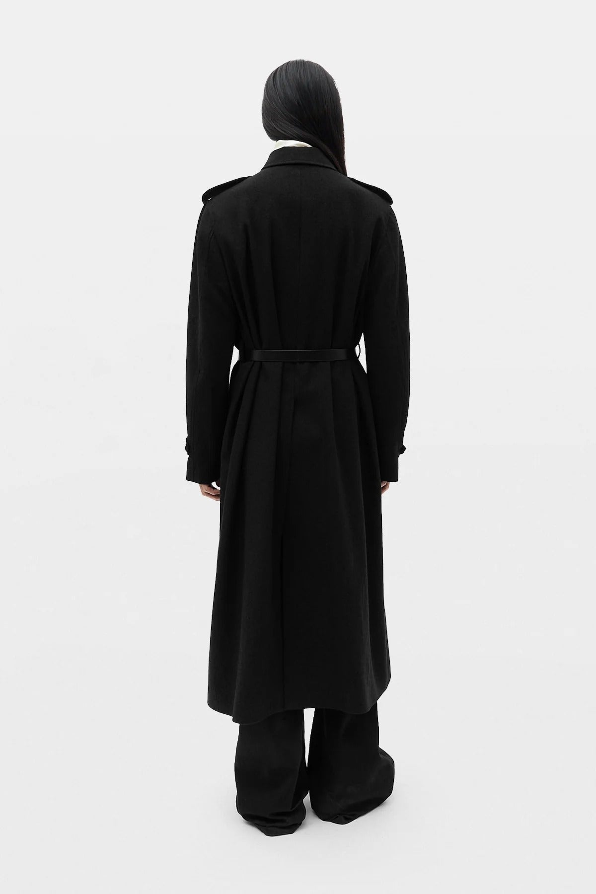 WILMER CAR COAT WITH LEATHER BELT BLACK