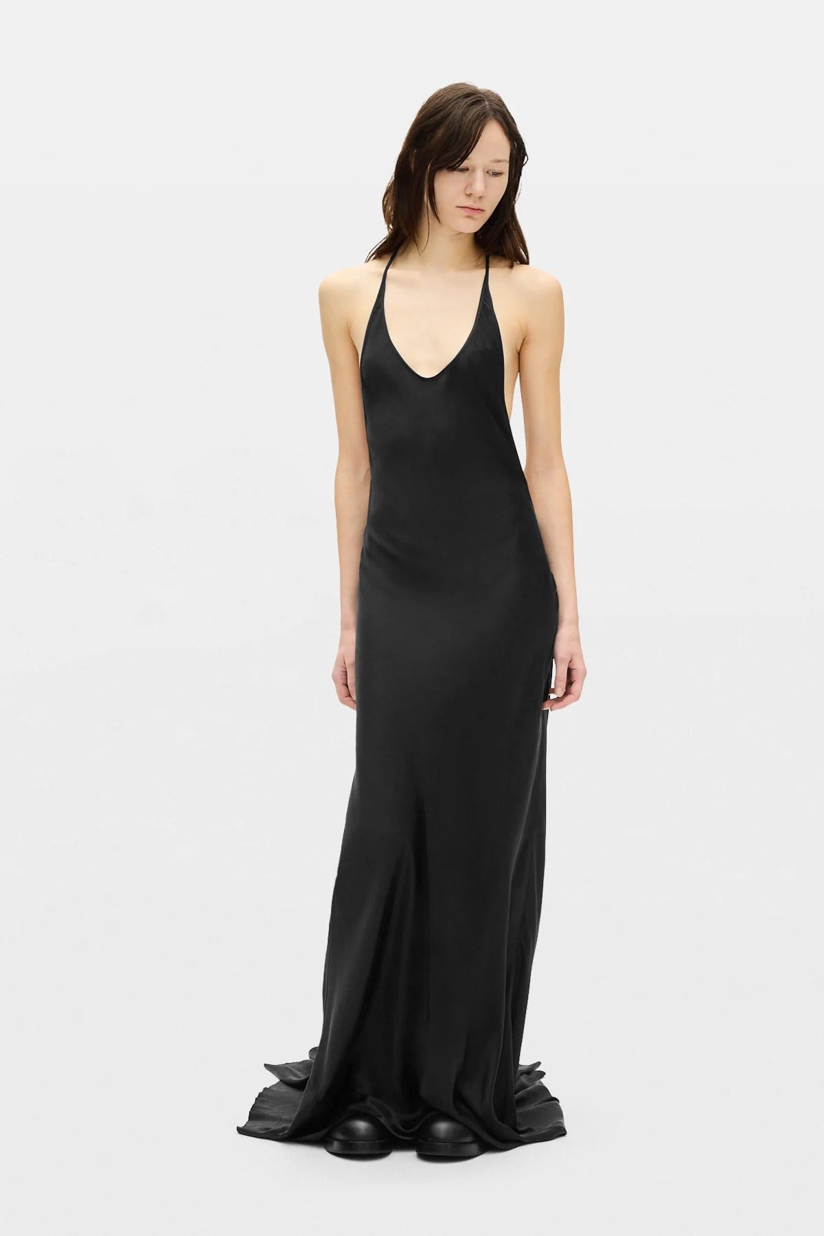 ELEONOR X-LONG Y-STRAP SLIP DRESS BLACK SATIN