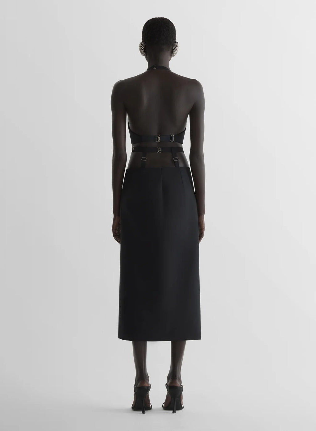BELTED SLIT TAILORED SKIRT BLACK