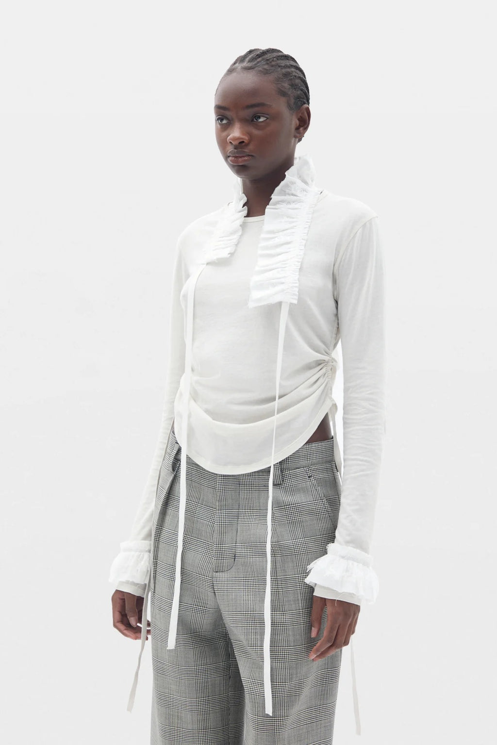 INNA WRINKLED CROPPED LONG SLEEVE TOP WITH RUFFLED COLLAR AND CUFFS IVORY