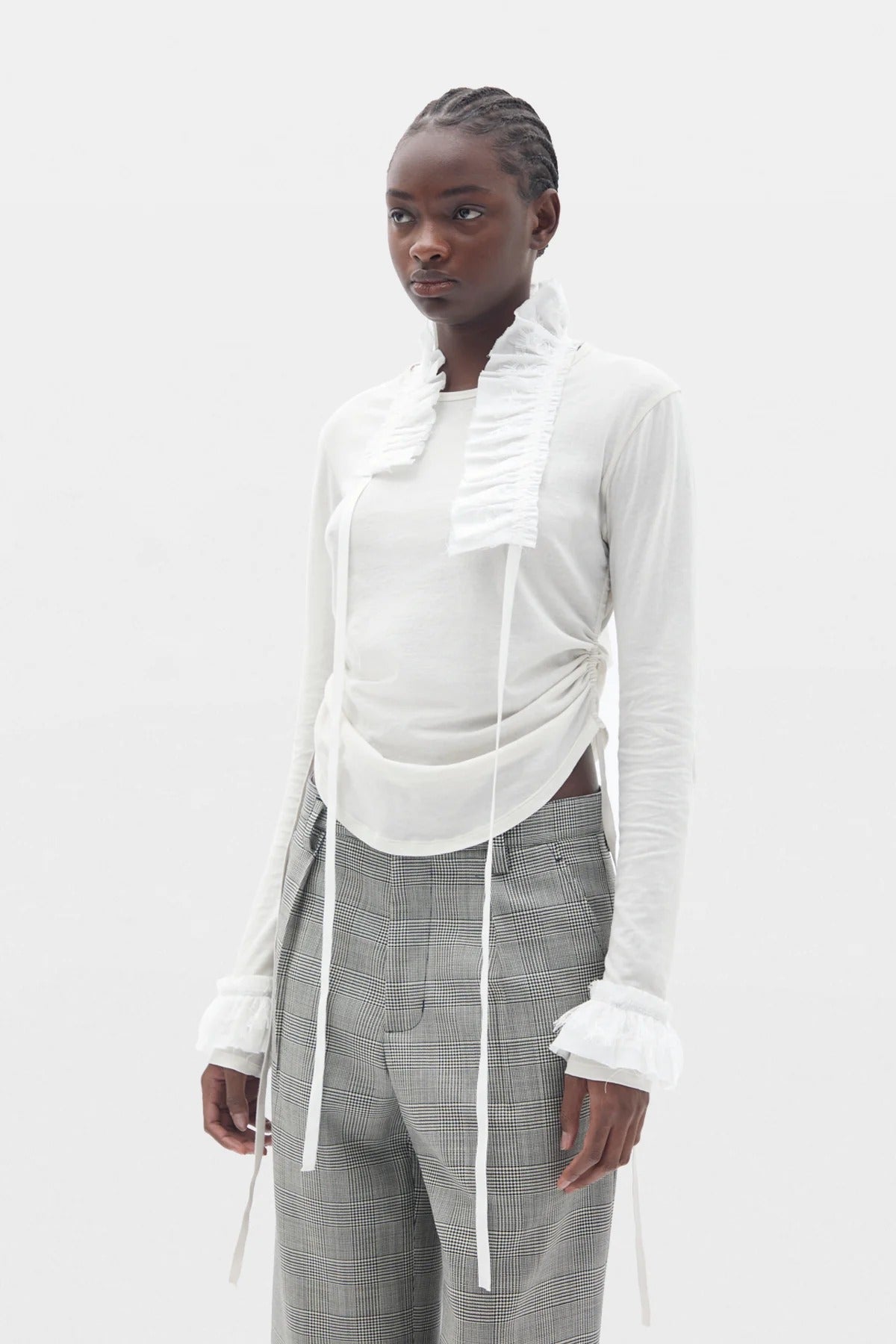 INNA WRINKLED CROPPED LONG SLEEVE TOP WITH RUFFLED COLLAR AND CUFFS IVORY