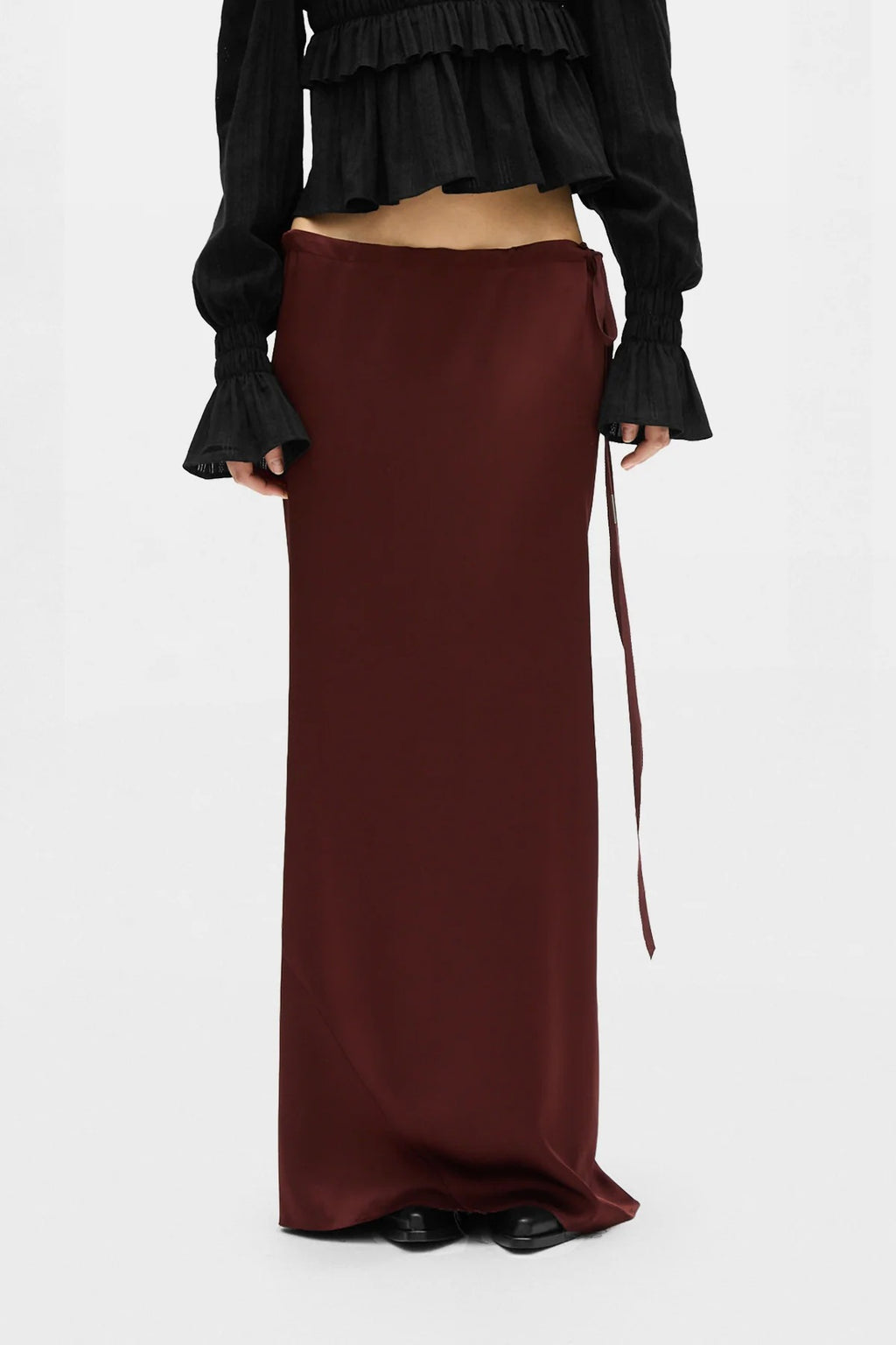 EVELINE LONG BIAS SKIRT CADY SATIN MAHOGANY