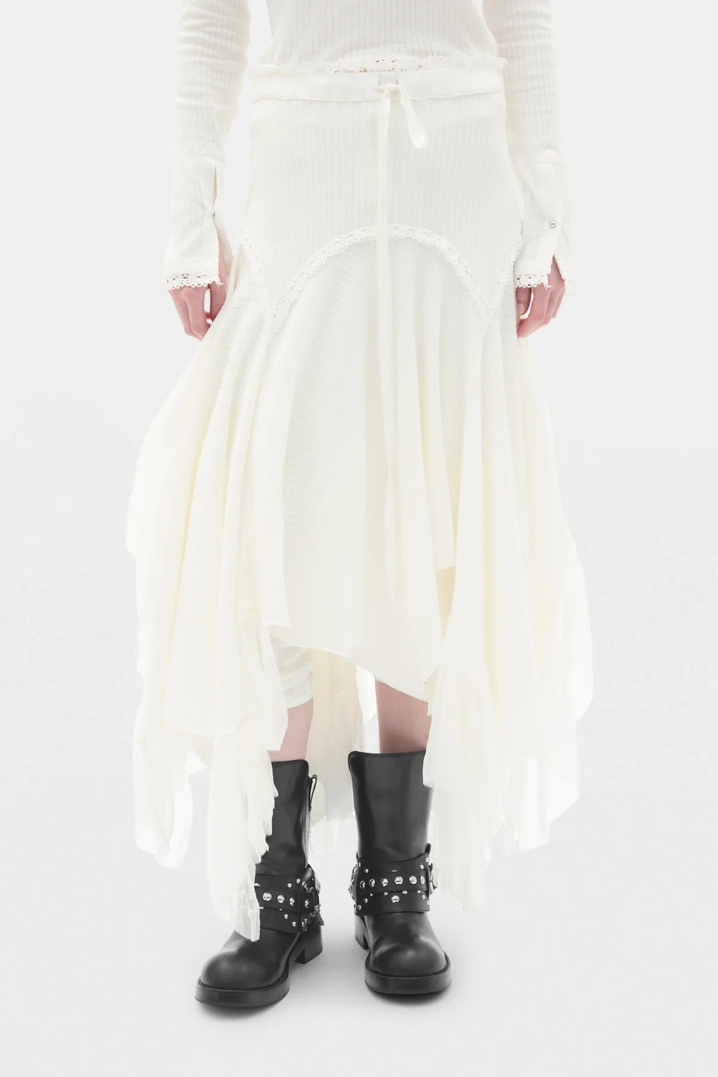 VEGA MIDI SKIRT W/ SILK CHIFFON RUFFLES IVORY