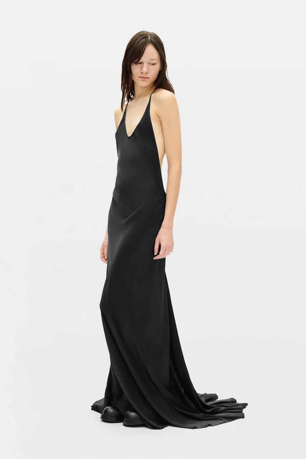 ELEONOR X-LONG Y-STRAP SLIP DRESS BLACK SATIN