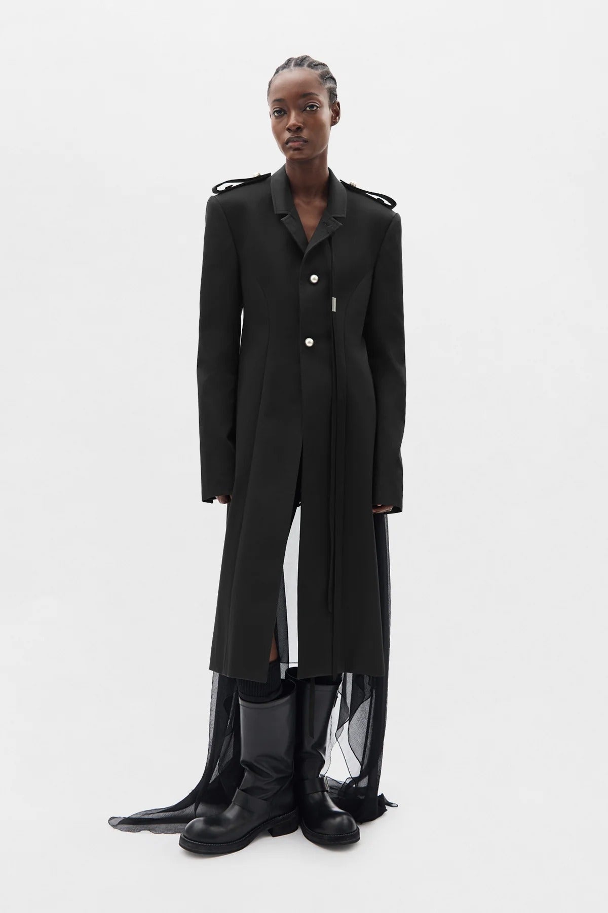 FENA HYBRID OVERCOAT WITH SILK CREPONNE FLUID PANELS BLACK